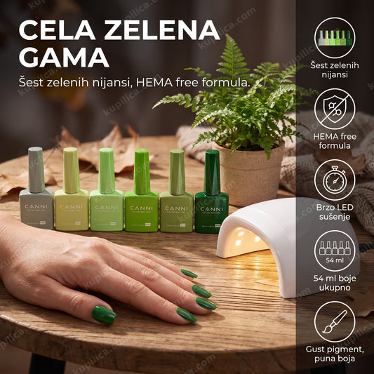 canni gel lak set 2314 zeleni — ruka sa zelenim gel lak manikirom i šest CANNI bočica pored LED lampe, šest zelenih nijansi, hema free formula, brzo led sušenje
