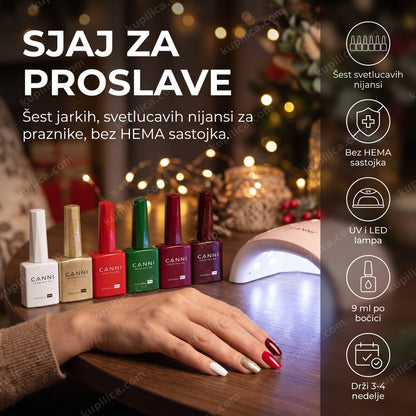 canni gel lak set 2315 prazničan — ruka sa svetlucavim prazničnim gel lak manikirom i šest CANNI bočica pored LED lampe, šest svetlucavih nijansi, bez hema sastojka, uv i led lampa