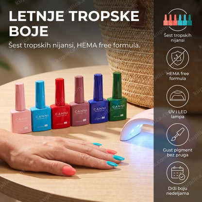 canni gel lak set 2316 tropski — ruka sa tropskim gel lak manikirom i šest CANNI bočica pored LED lampe, šest tropskih nijansi, hema free formula, uv i led lampa