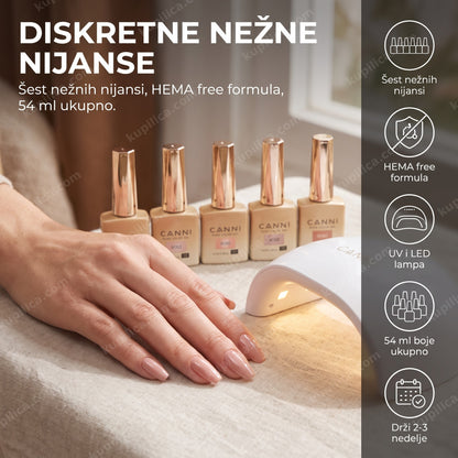 canni gel lak set 2317 nežni — ruka sa nežnim gel lak manikirom i šest CANNI bočica pored LED lampe, šest nežnih nijansi, hema free formula, uv i led lampa