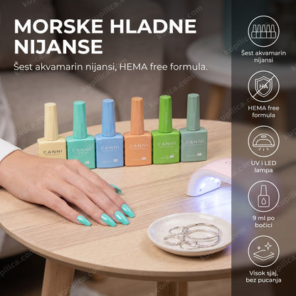 canni gel lak set 2318 akvamarin — ruka sa akvamarin gel lak manikirom i šest CANNI bočica pored LED lampe, šest akvamarin nijansi, hema free formula, uv i led lampa