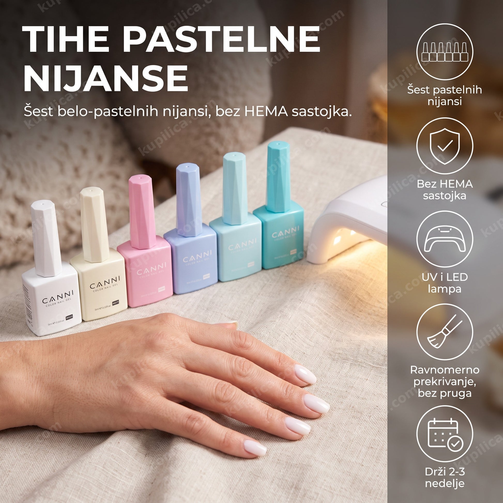 canni gel lak set 2319 pamuk — ruka sa belo-pastelnim gel lak manikirom i šest CANNI bočica pored LED lampe, šest pastelnih nijansi, bez hema sastojka, uv i led lampa