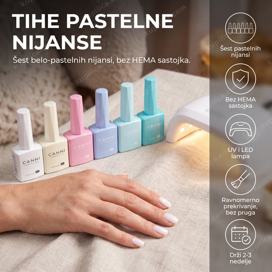 canni gel lak set 2319 pamuk — ruka sa belo-pastelnim gel lak manikirom i šest CANNI bočica pored LED lampe, šest pastelnih nijansi, bez hema sastojka, uv i led lampa