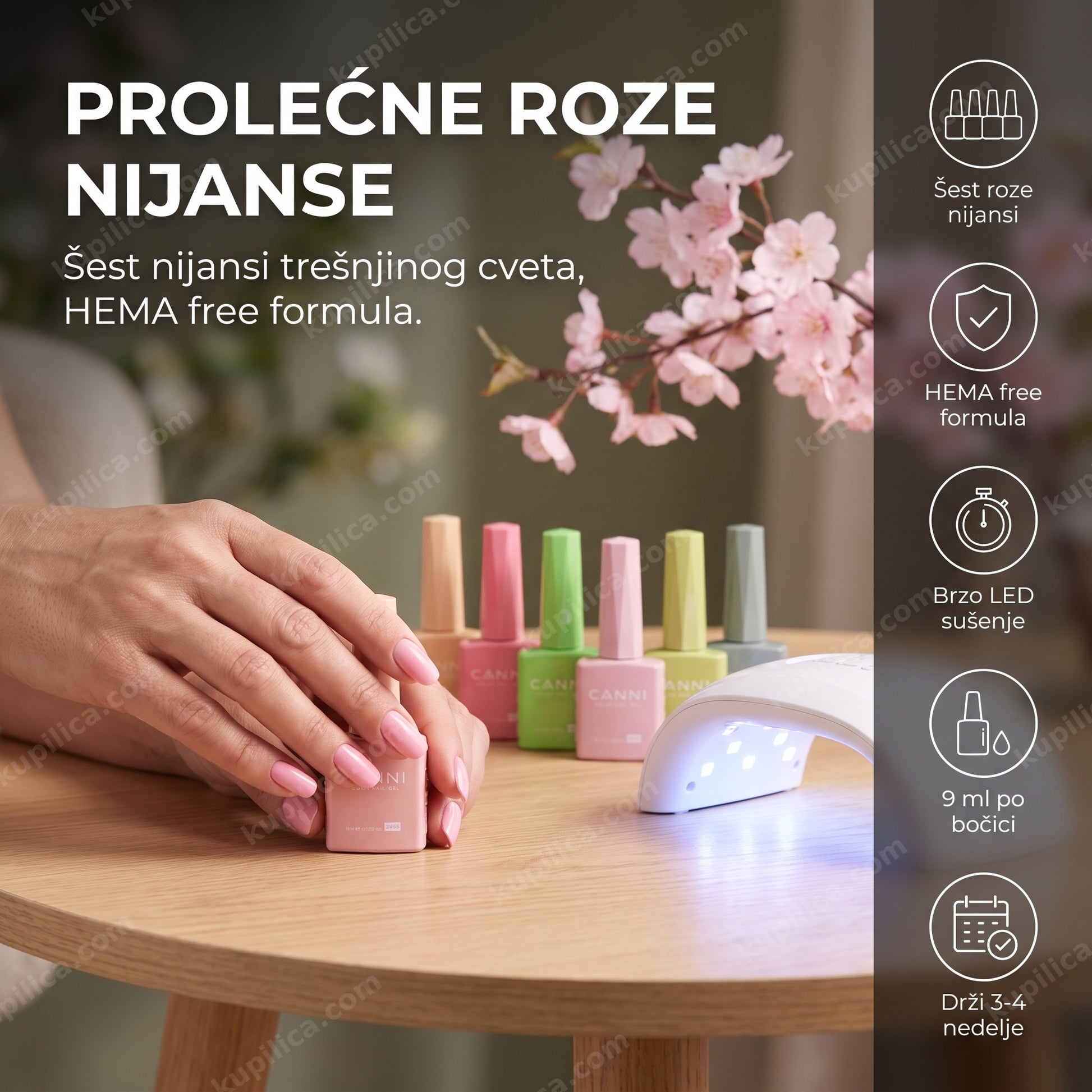 canni gel lak set 2320 trešnjin cvet — ruka sa roze gel lak manikirom trešnjinog cveta i šest CANNI bočica pored LED lampe, šest roze nijansi, hema free formula, brzo led sušenje
