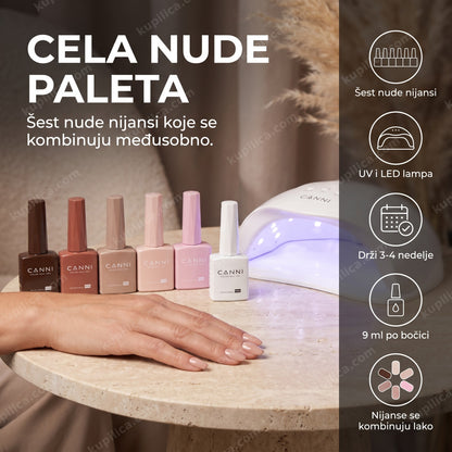canni gel lak set 2321 nude — ruka sa nude gel lak manikirom i šest CANNI bočica pored LED lampe, šest nude nijansi, uv i led lampa, drži 3-4 nedelje
