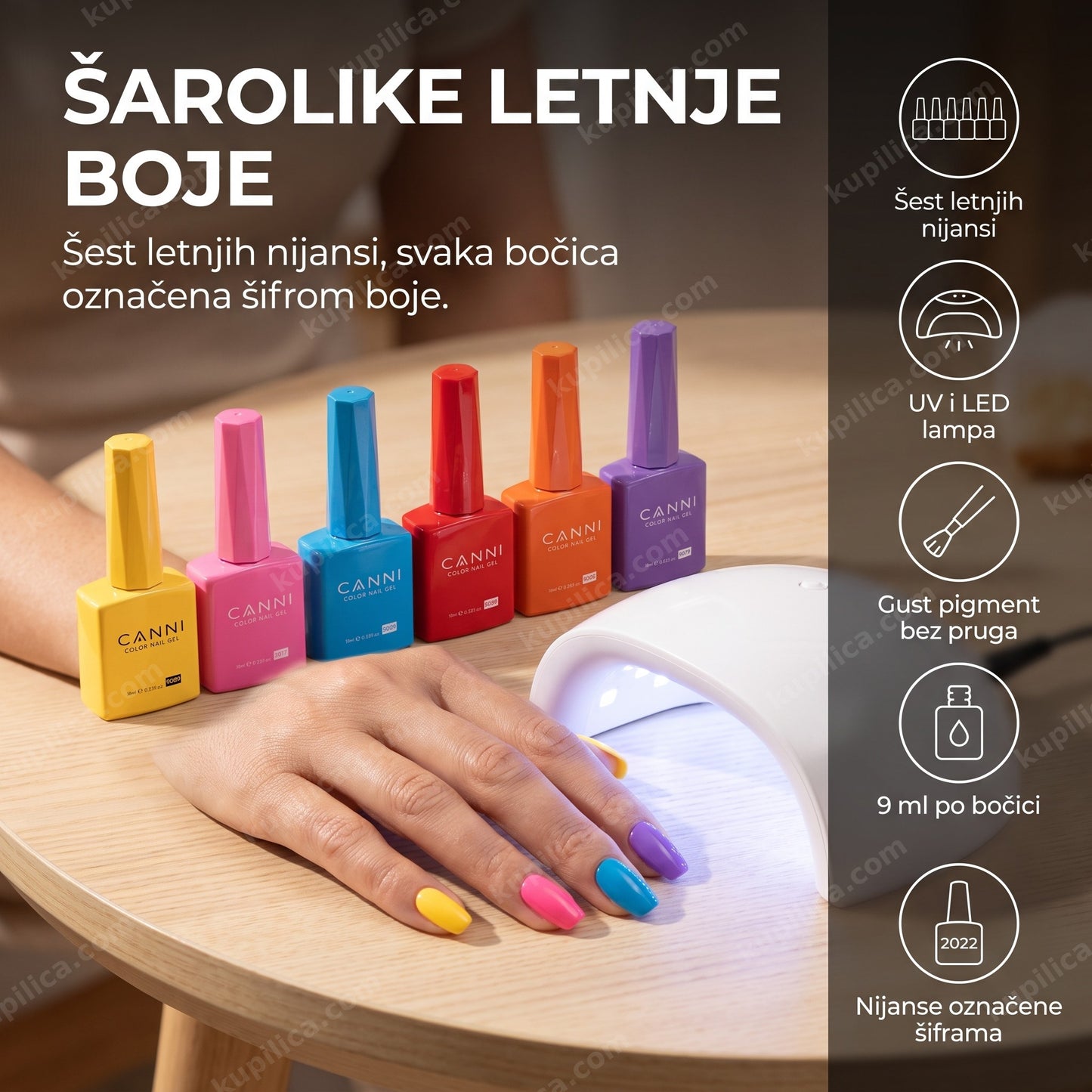 canni gel lak set 2322 letnje boje — ruka sa šarenim letnjim gel lak manikirom i šest CANNI bočica pored LED lampe, šest letnjih nijansi, uv i led lampa, gust pigment bez pruga