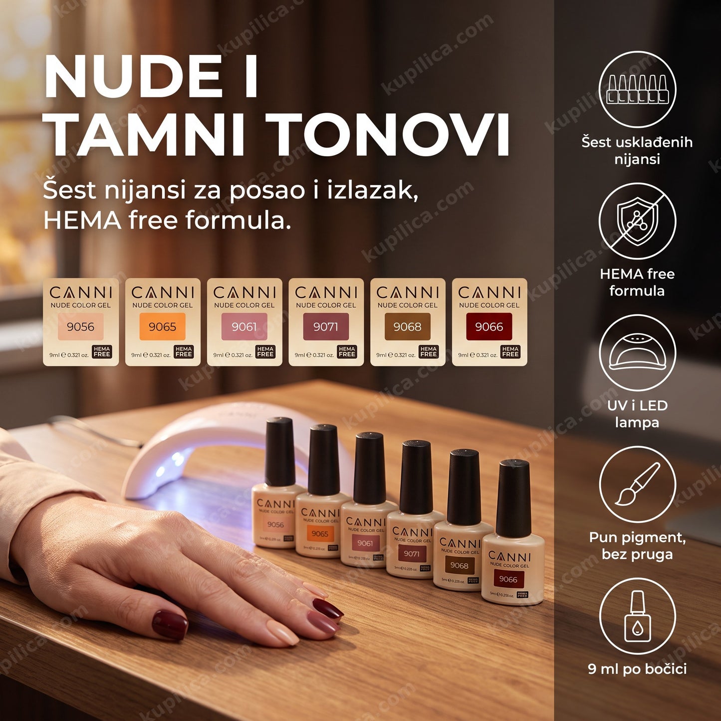 canni gel lak set 2323 urbani balans — ruka sa nude i bordo gel lak manikirom i šest CANNI bočica pored LED lampe, šest usklađenih nijansi, hema free formula, uv i led lampa