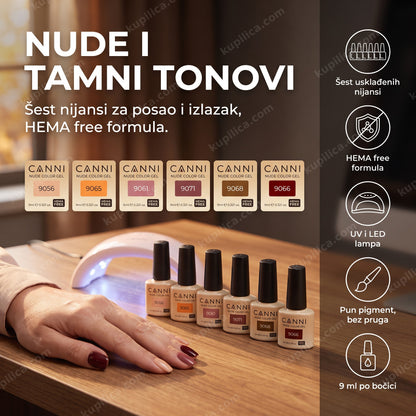 canni gel lak set 2323 urbani balans — ruka sa nude i bordo gel lak manikirom i šest CANNI bočica pored LED lampe, šest usklađenih nijansi, hema free formula, uv i led lampa