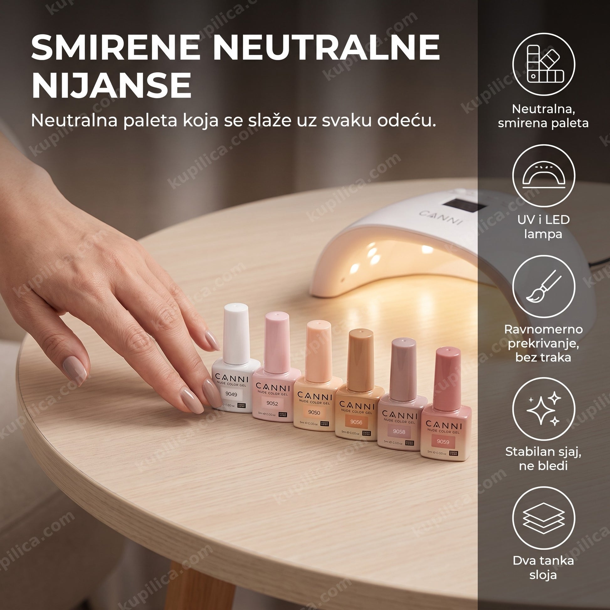canni gel lak set 2324 soft balance — ruka sa neutralnim gel lak manikirom i šest CANNI bočica pored LED lampe, neutralna, smirena paleta, uv i led lampa, ravnomerno prekrivanje, bez traka