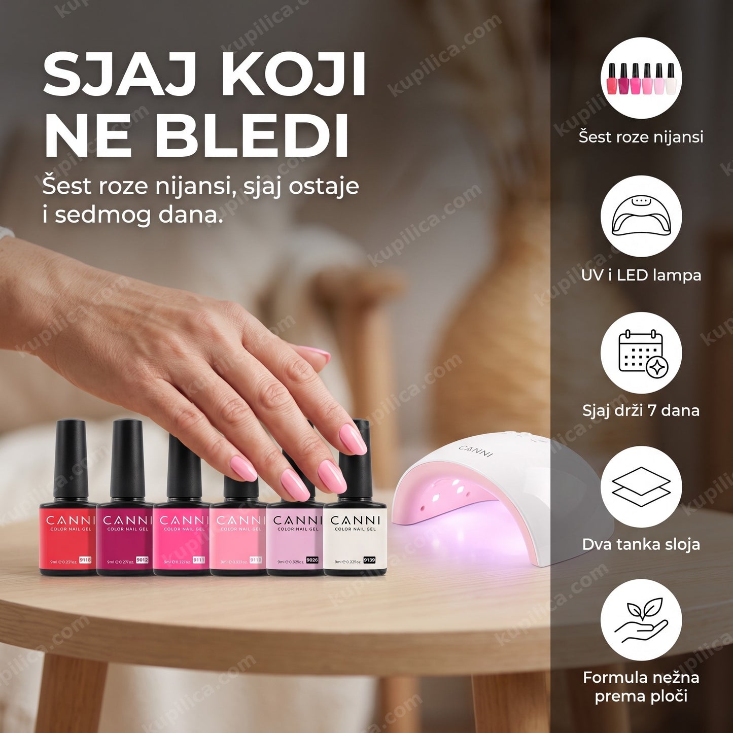 canni gel lak set 2325 pink elegance — ruka sa roze gel lak manikirom i šest CANNI bočica pored LED lampe, šest roze nijansi, uv i led lampa, sjaj drži 7 dana