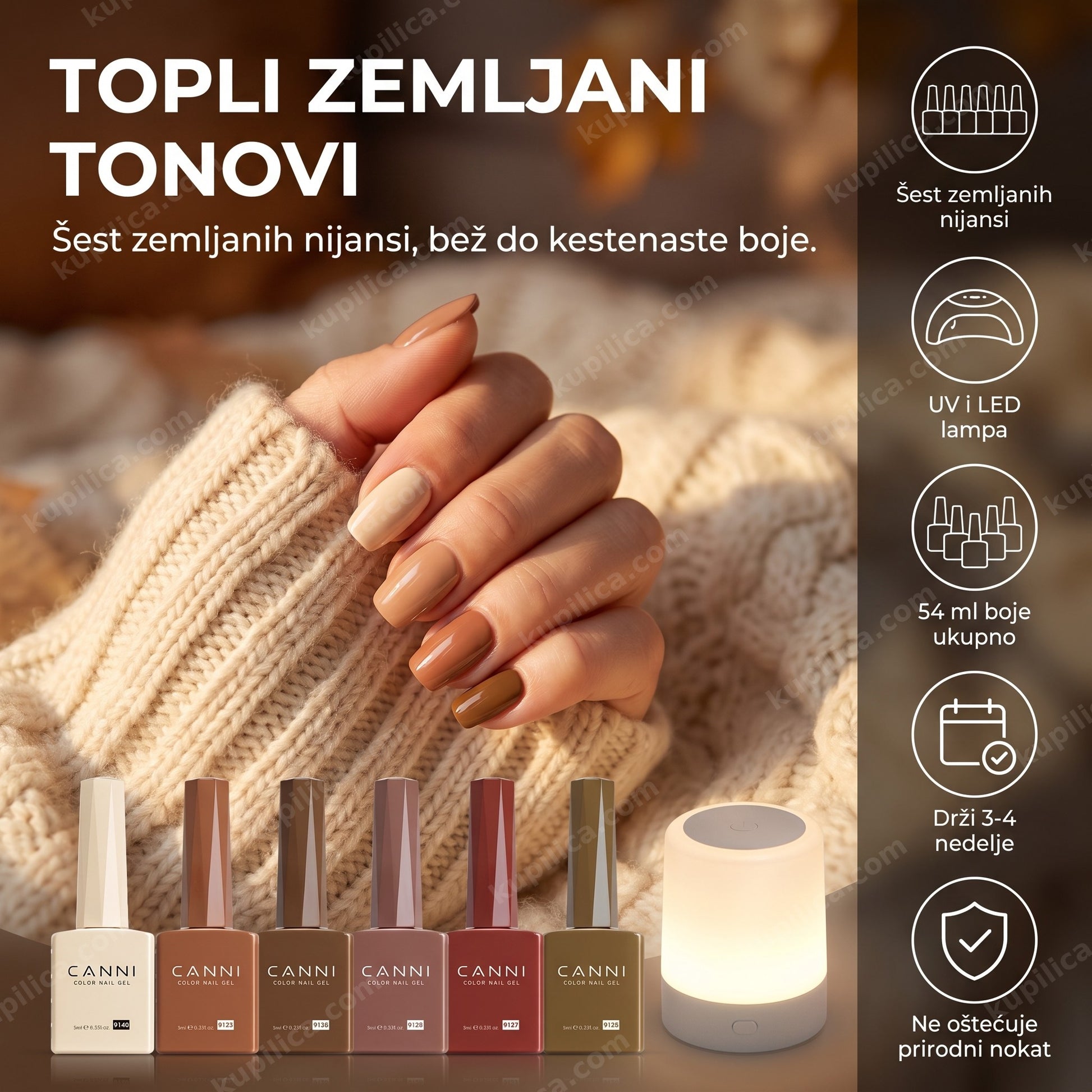 canni gel lak set 2326 chestnut cake — ruka sa braon gel lak manikirom i šest CANNI bočica pored LED lampe, šest zemljanih nijansi, uv i led lampa, 54 ml boje ukupno
