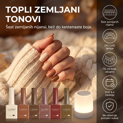 canni gel lak set 2326 chestnut cake — ruka sa braon gel lak manikirom i šest CANNI bočica pored LED lampe, šest zemljanih nijansi, uv i led lampa, 54 ml boje ukupno