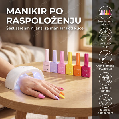 canni gel lak set 2328 colorful life — ruka sa šarenim gel lak manikirom i šest CANNI bočica pored LED lampe, šest šarenih nijansi, uv i led lampa, gust pigment, bez pruga