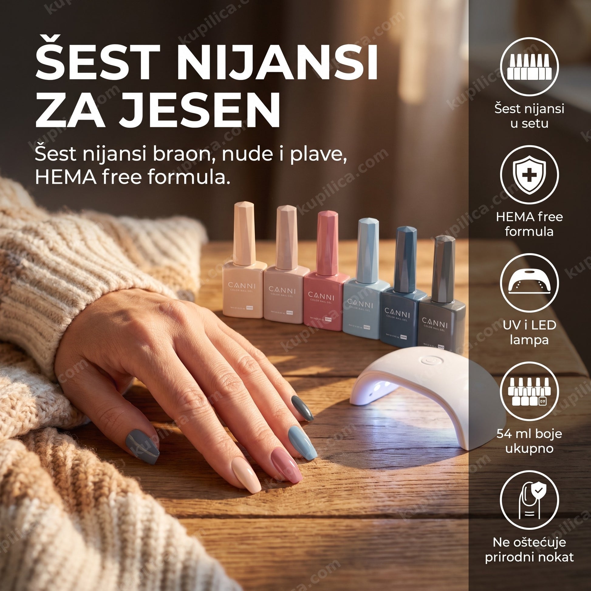 canni gel lak set 2329 braon nude plavi — ruka sa braon, nude i plavim gel lak manikirom i šest CANNI bočica pored LED lampe, šest nijansi u setu, hema free formula, uv i led lampa