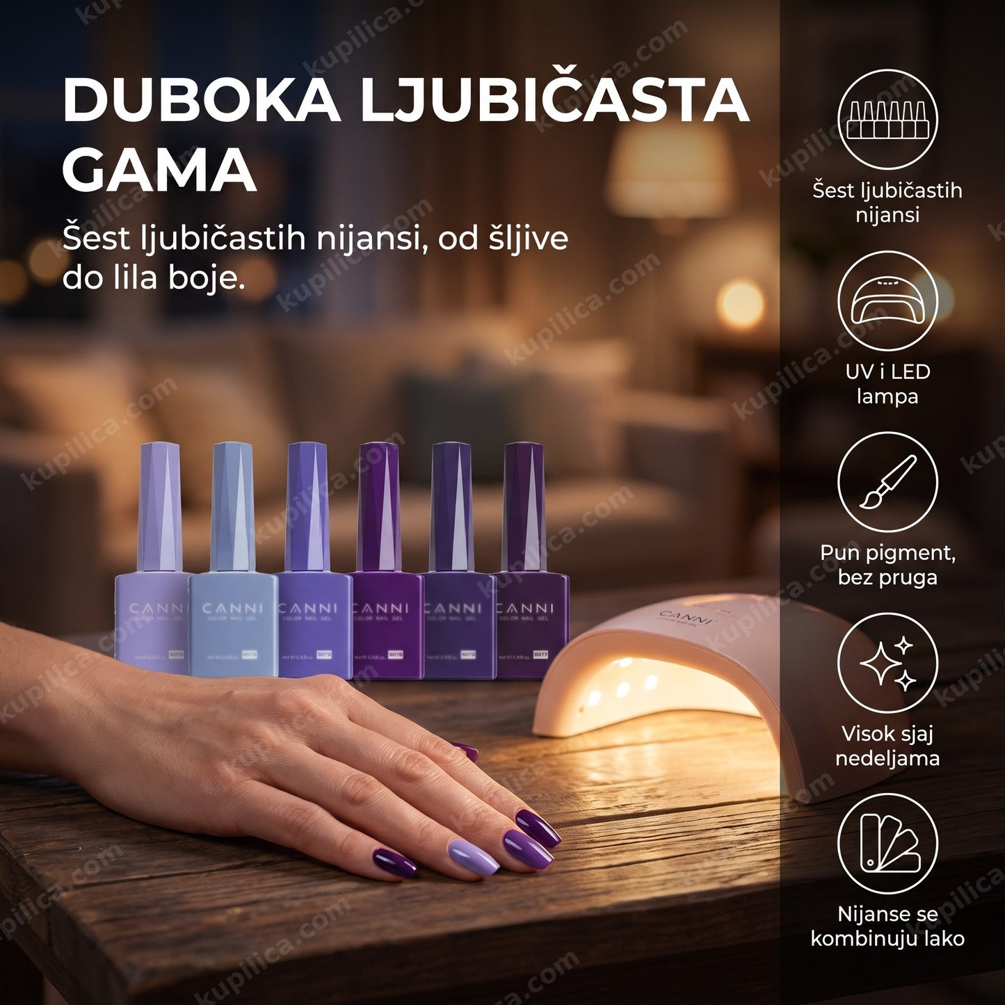 canni gel lak set 2331 purple — ruka sa ljubičastim gel lak manikirom i šest CANNI bočica pored LED lampe, šest ljubičastih nijansi, uv i led lampa, pun pigment, bez pruga