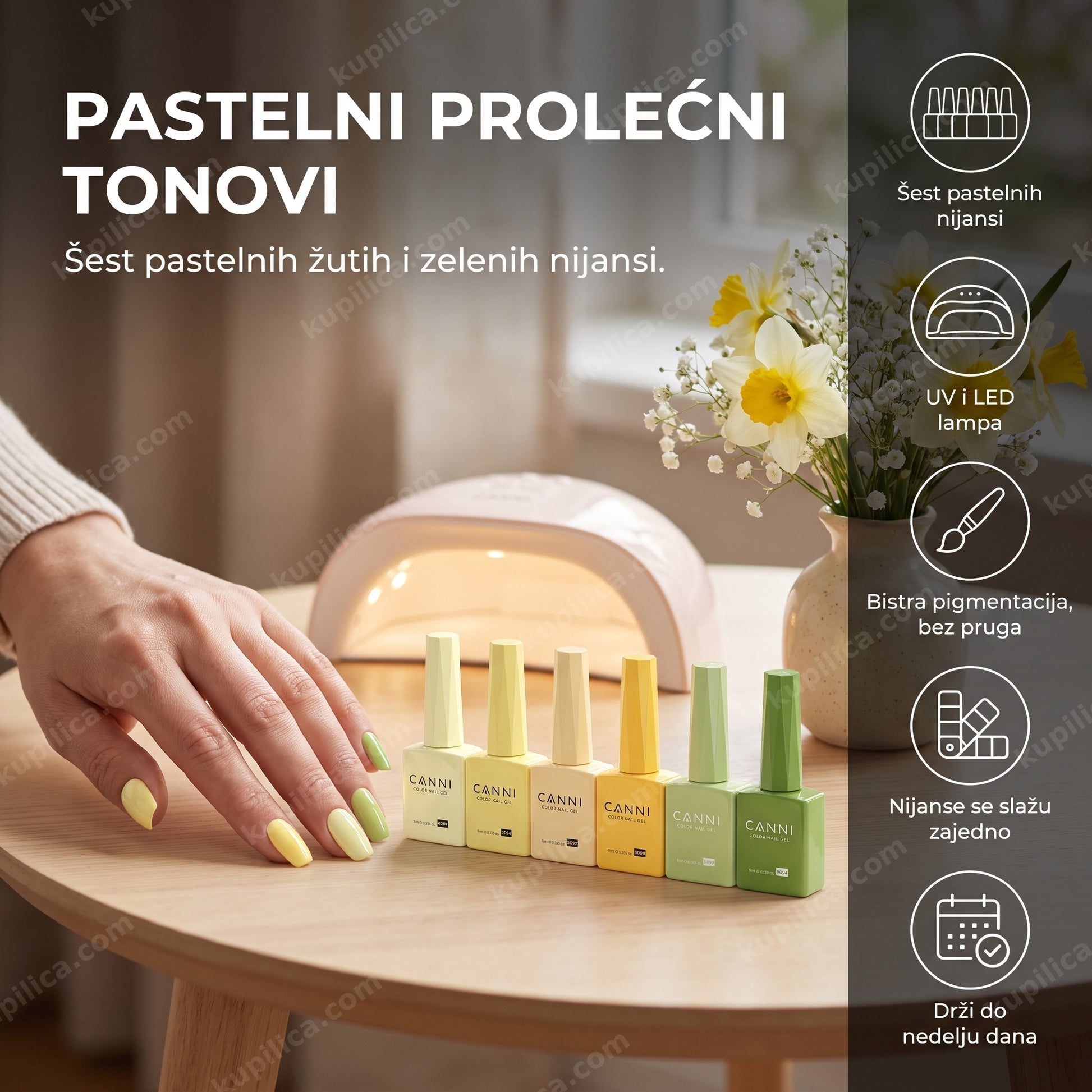 canni gel lak set 2332 pastelni — ruka sa pastelnim žuto-zelenim gel lak manikirom i šest CANNI bočica pored LED lampe, šest pastelnih nijansi, uv i led lampa, bistra pigmentacija, bez pruga