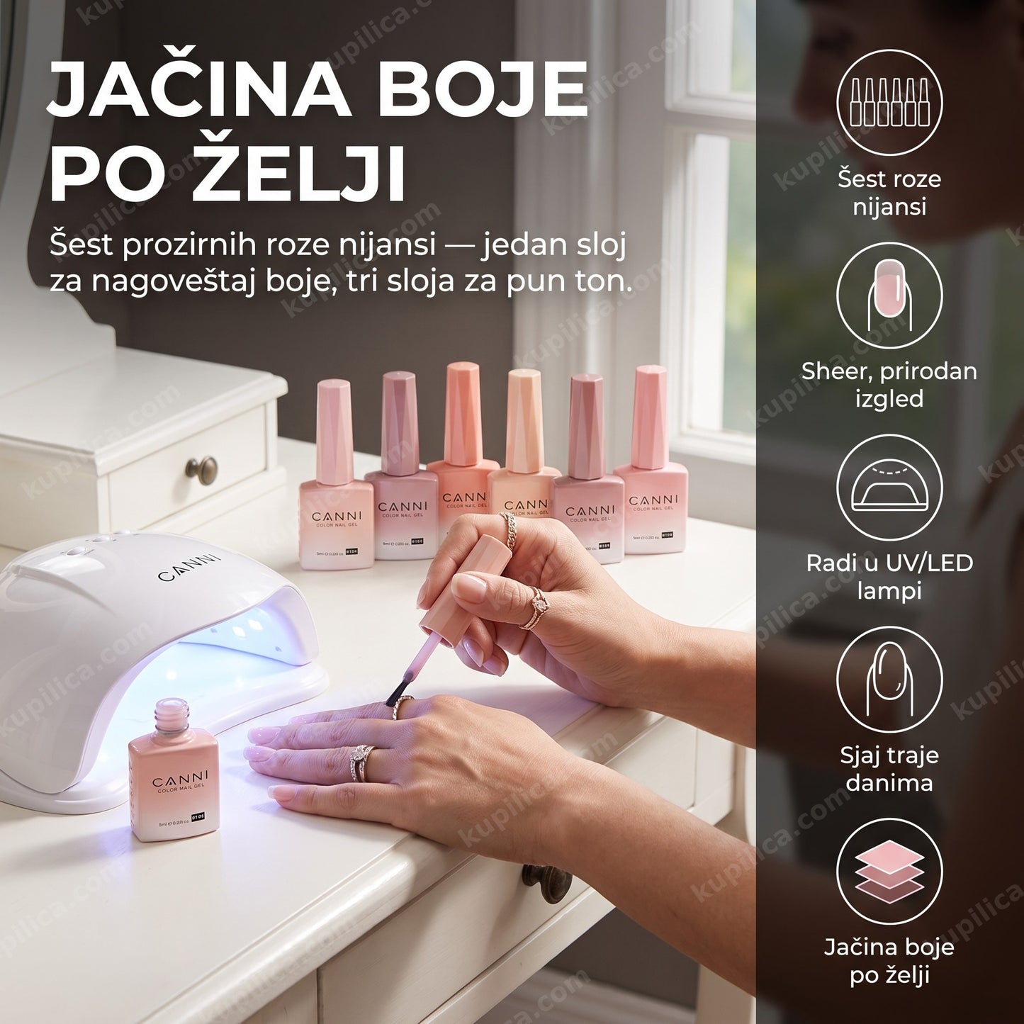 canni gel lak sheer roze — žena nanosi providan roze gel lak kod kuće, šest roze nijansi, sheer prirodan izgled, jačina boje po želji