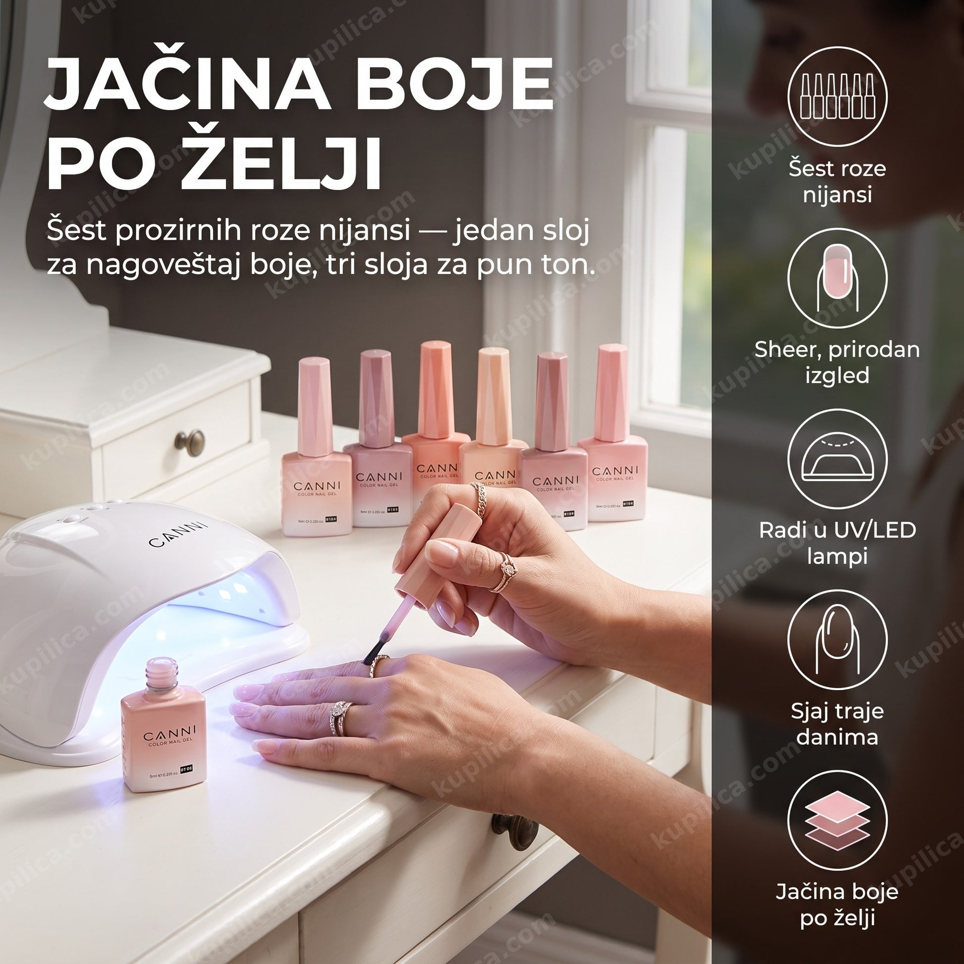 canni gel lak sheer roze — žena nanosi providan roze gel lak kod kuće, šest roze nijansi, sheer prirodan izgled, jačina boje po želji