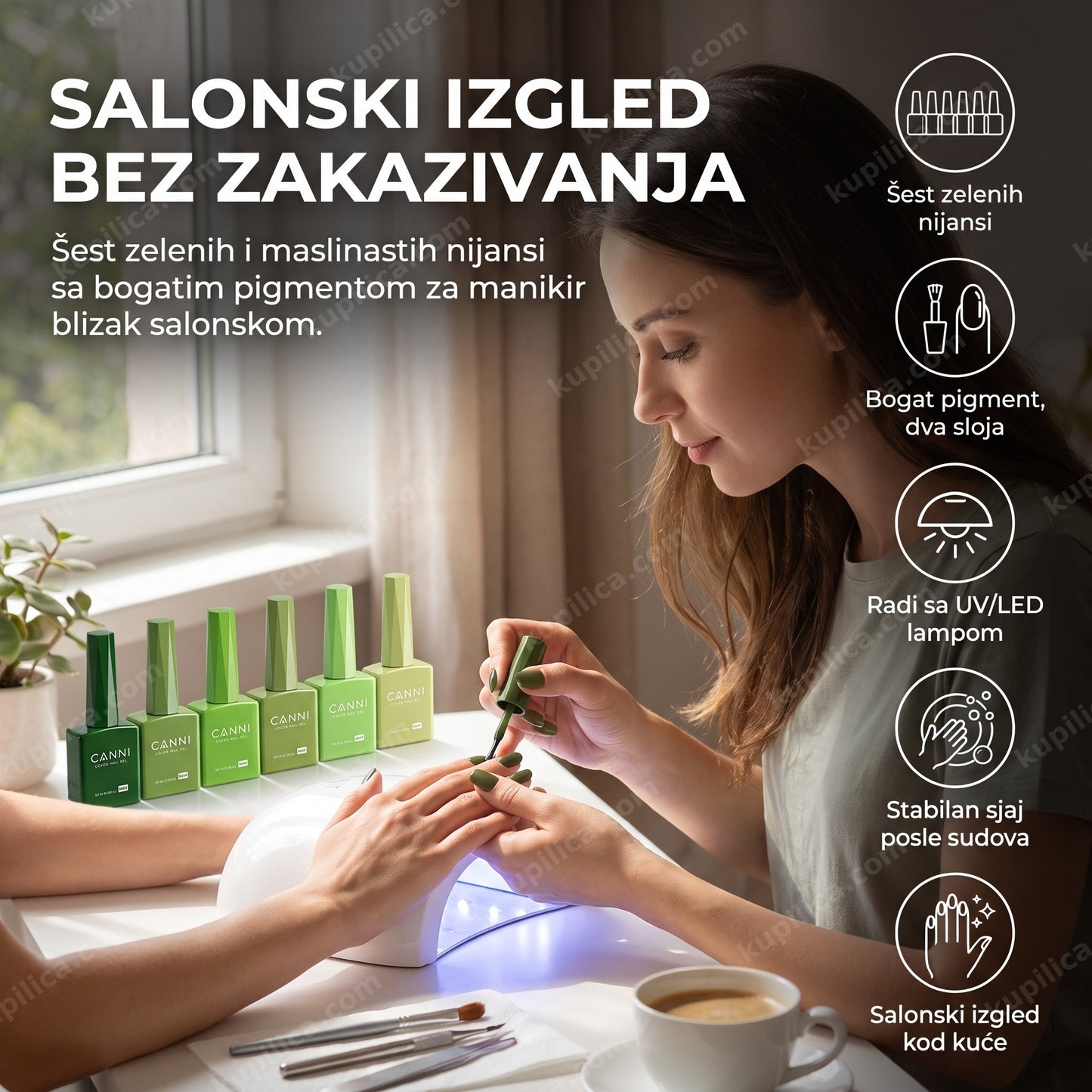 canni gel lak zeleni — žena nanosi zeleni gel lak kod kuće, šest zelenih nijansi, bogat pigment, salonski izgled kod kuće