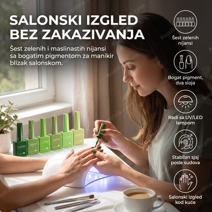 canni gel lak zeleni — žena nanosi zeleni gel lak kod kuće, šest zelenih nijansi, bogat pigment, salonski izgled kod kuće