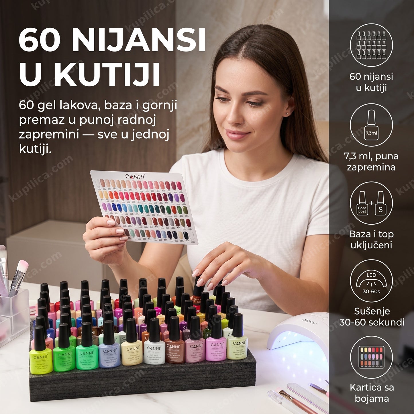canni set gel lakova 60 — žena bira nijansu iz velikog seta gel lakova uz karticu boja, 60 nijansi u kutiji, baza i top uključeni, sušenje 30-60 sekundi