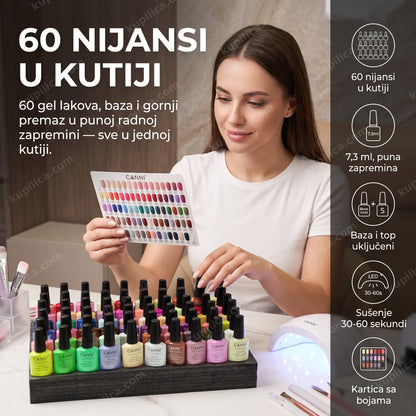 canni set gel lakova 60 — žena bira nijansu iz velikog seta gel lakova uz karticu boja, 60 nijansi u kutiji, baza i top uključeni, sušenje 30-60 sekundi