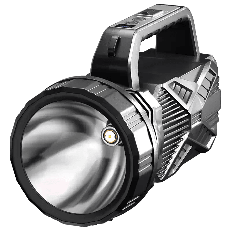 punjiva led lampa reflektor za lov, sivi reflektor sa ručkom za nošenje na beloj pozadini