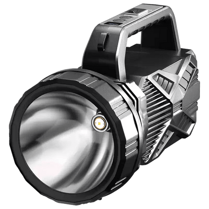 punjiva led lampa reflektor za lov, sivi reflektor sa ručkom za nošenje na beloj pozadini