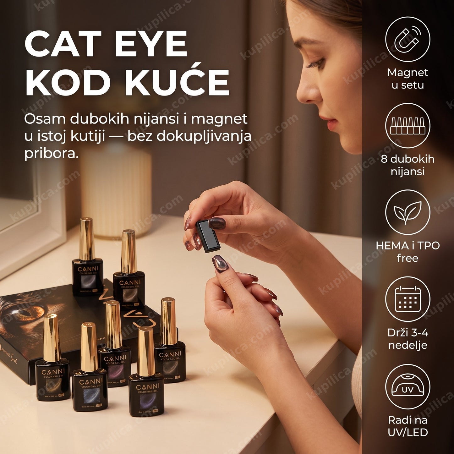 cat eye gel lak set sa magnetom — žena radi cat eye manikir kod kuće, benefiti proizvoda