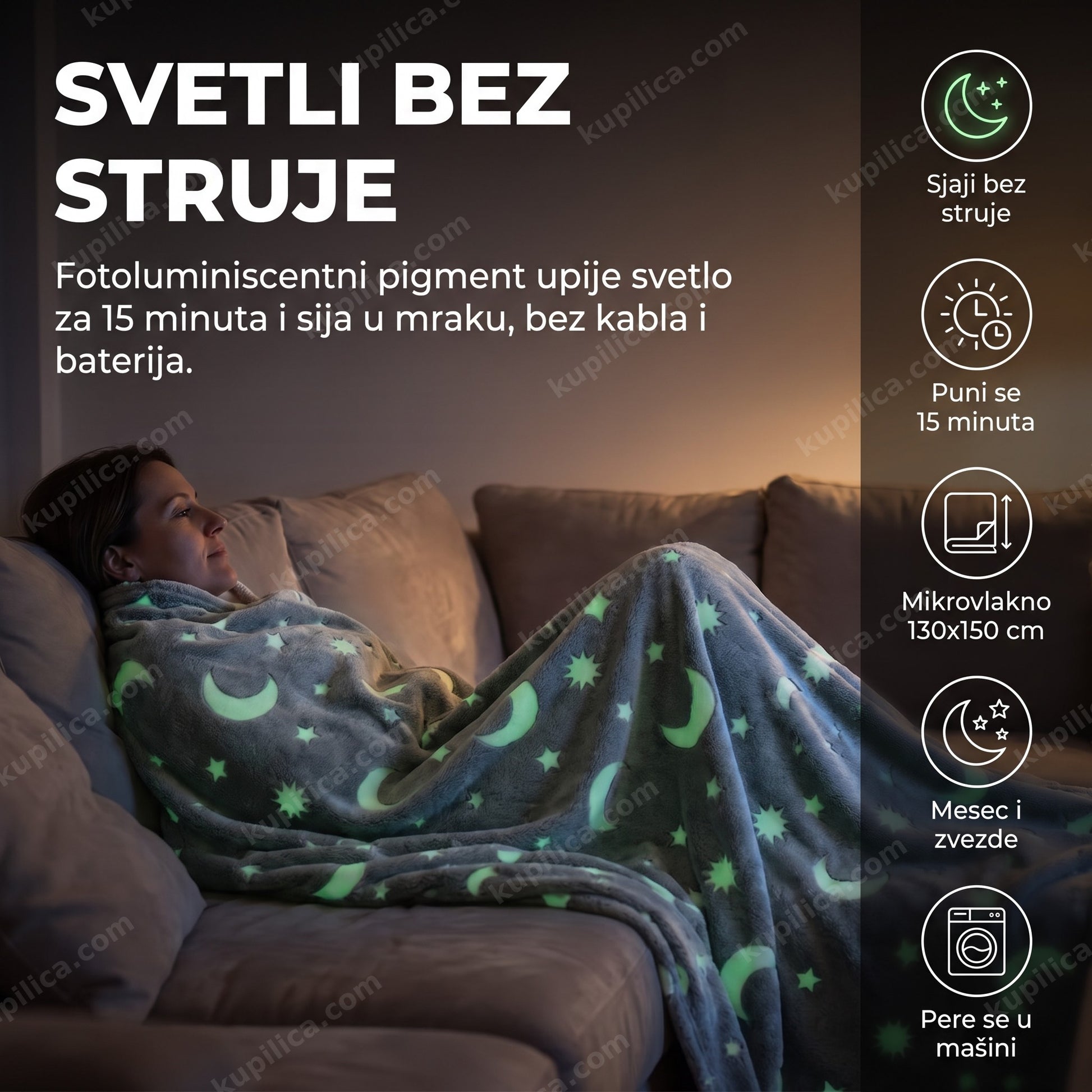 ćebe koje svetli u mraku — odrasla osoba uveče na kauču umotana u ćebe sa mesecom i zvezdama koje sija u mraku, sjaji bez struje, pere se u mašini