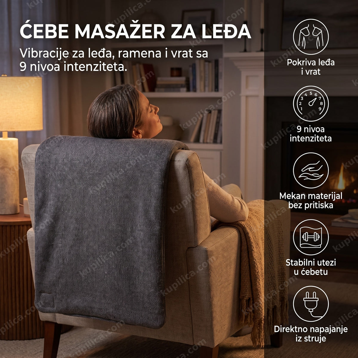 ćebe masažer za leđa prebačeno preko naslona fotelje, benefiti proizvoda