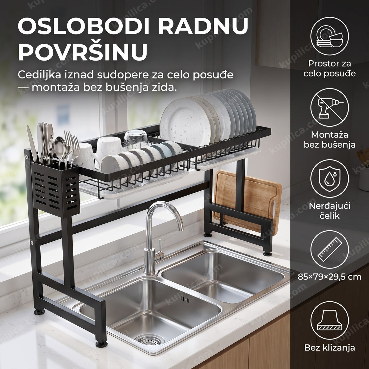 cediljka za suđe iznad sudopere puna oprane posude na crnoj metalnoj konstrukciji, benefiti proizvoda