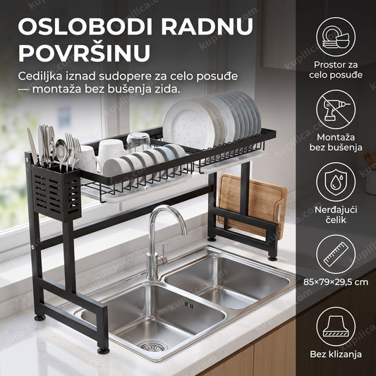 cediljka za suđe iznad sudopere puna oprane posude na crnoj metalnoj konstrukciji, benefiti proizvoda