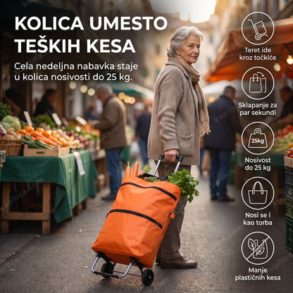 starija žena dostojanstveno vuče narandžasta ceger kolica za kupovinu sa povrćem, benefiti proizvoda