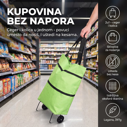 Ceger kolica za prodavnicu na točkićima nošena kroz prodavnicu, prikazuje benefite proizvoda