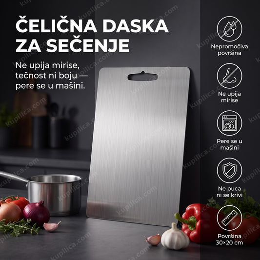 čelična daska za sečenje naslonjena na kuhinjski pult uveče