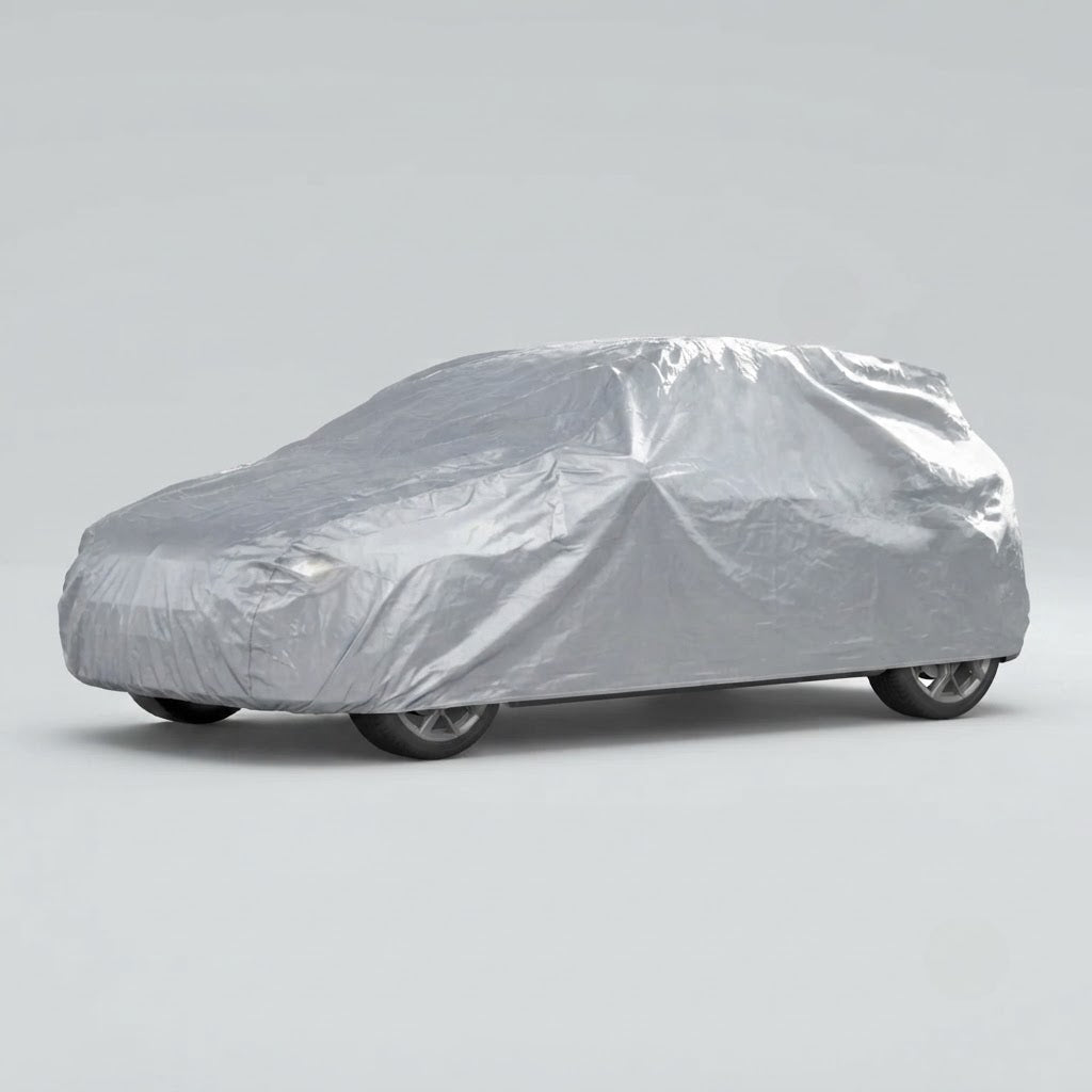 cerada za auto 430x160x120 — srebrna cerada navučena preko hečbeka