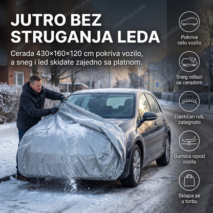 cerada za auto — muškarac skida ceradu sa automobila zimi ujutru, sneg odlazi sa ceradom, pokriva celo vozilo, sklapa se u torbu