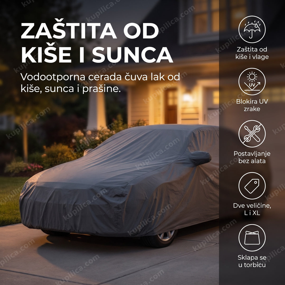 cerada za auto xl prekriva vozilo u dvorištu, prikaz benefita proizvoda