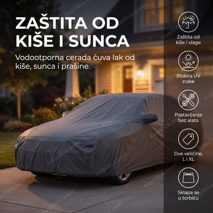 cerada za auto xl prekriva vozilo u dvorištu, prikaz benefita proizvoda
