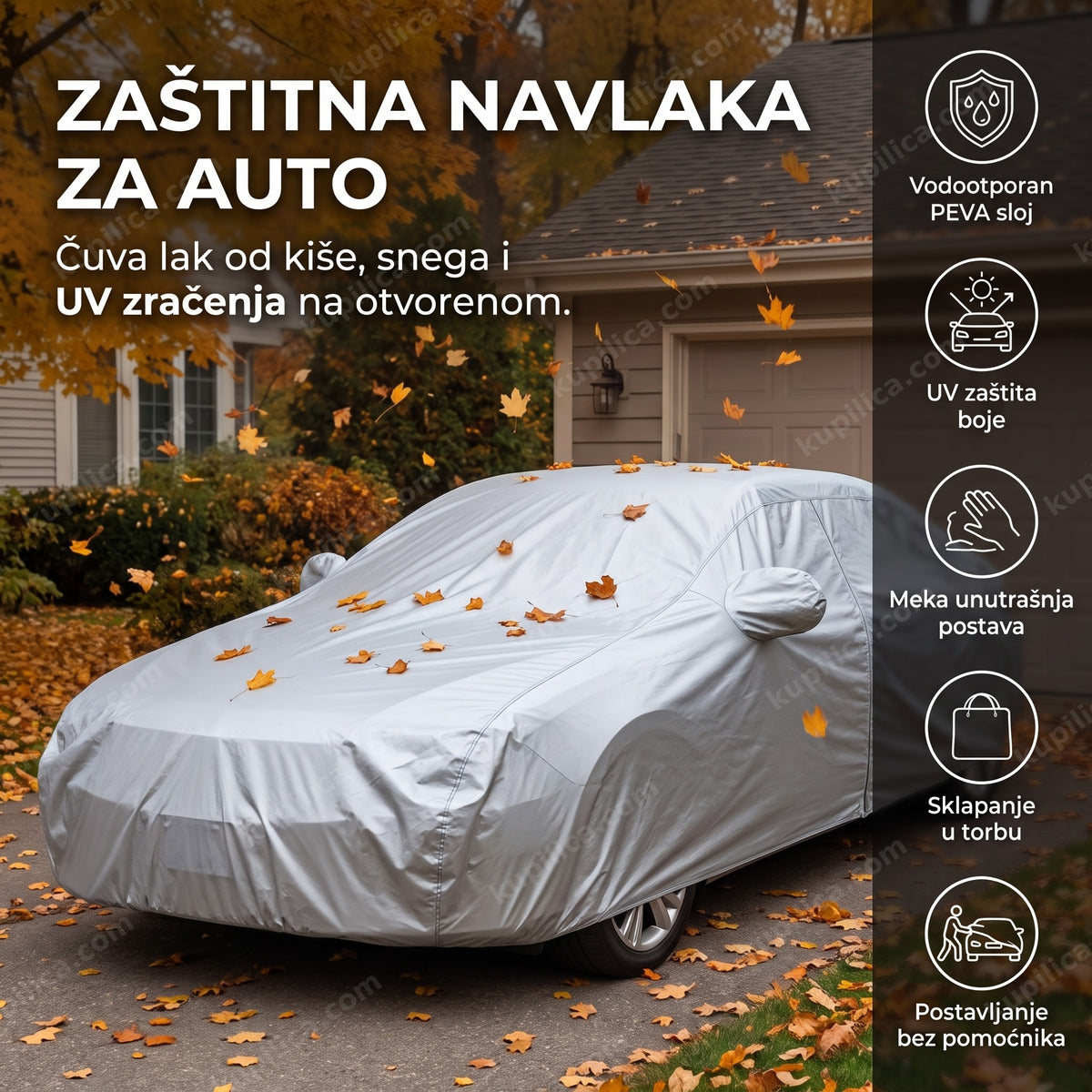 Cerada za auto prekriva limuzinu u dvorištu dok pada jesenje lišće