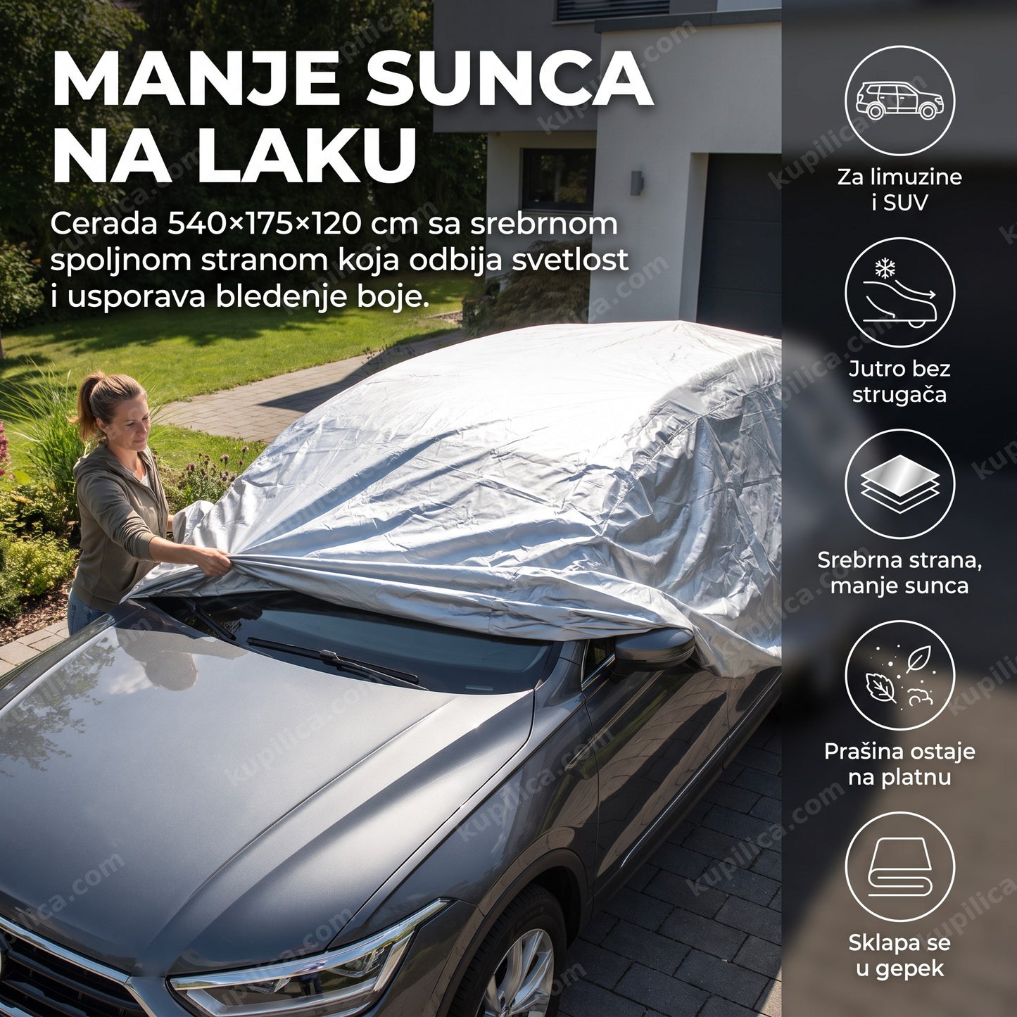 cerada za auto srebrna — žena navlači ceradu sa srebrnom stranom na terenac u dvorištu, manje sunca na laku, jutro bez strugača