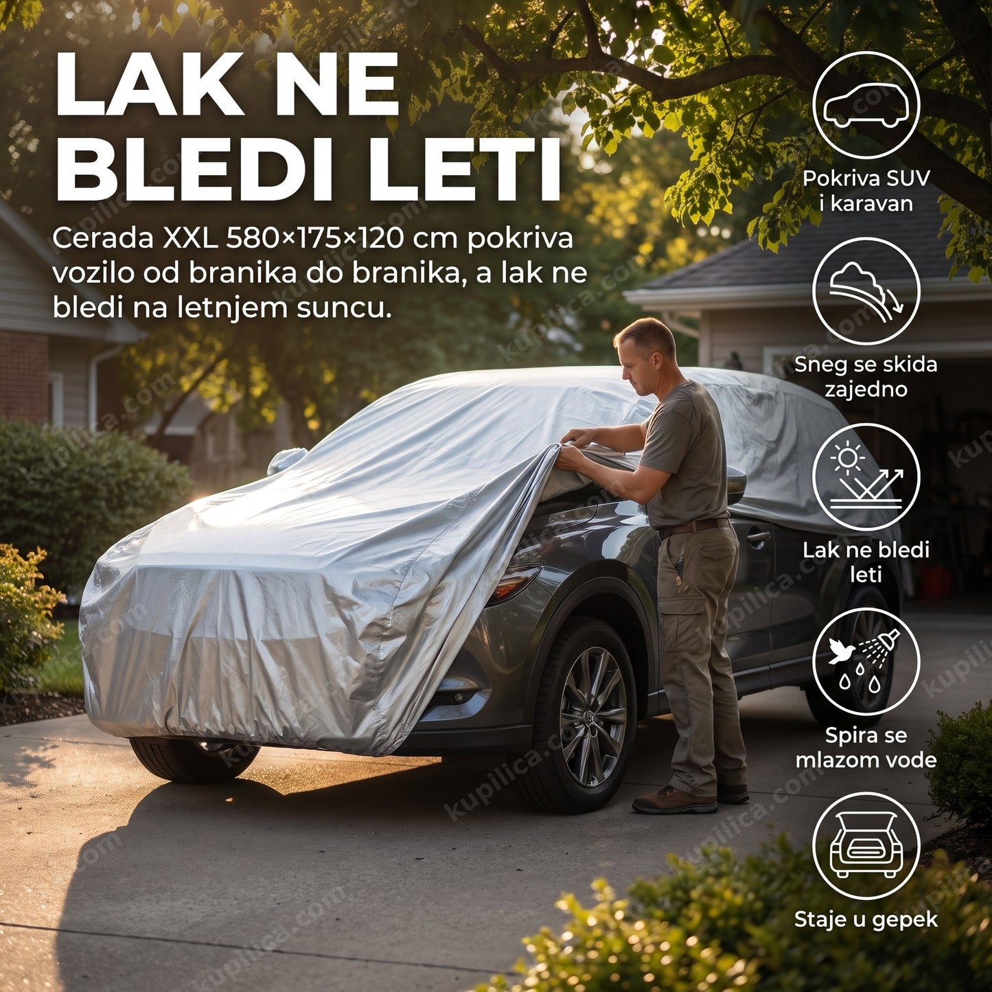 cerada za auto xxl — muškarac vraća xxl ceradu preko parkiranog terenca, lak ne bledi leti, pokriva suv i karavan