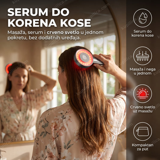 češalj za masažu glave sa serumom i crvenim svetlom u upotrebi na kosi, prikaz benefita proizvoda
