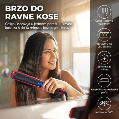 četka za ispravljanje kose — žena ispravlja kosu četkom sa LED ekranom ispred ogledala, češlja i ispravlja odjednom, spremna za minut, kabl rotira 360°