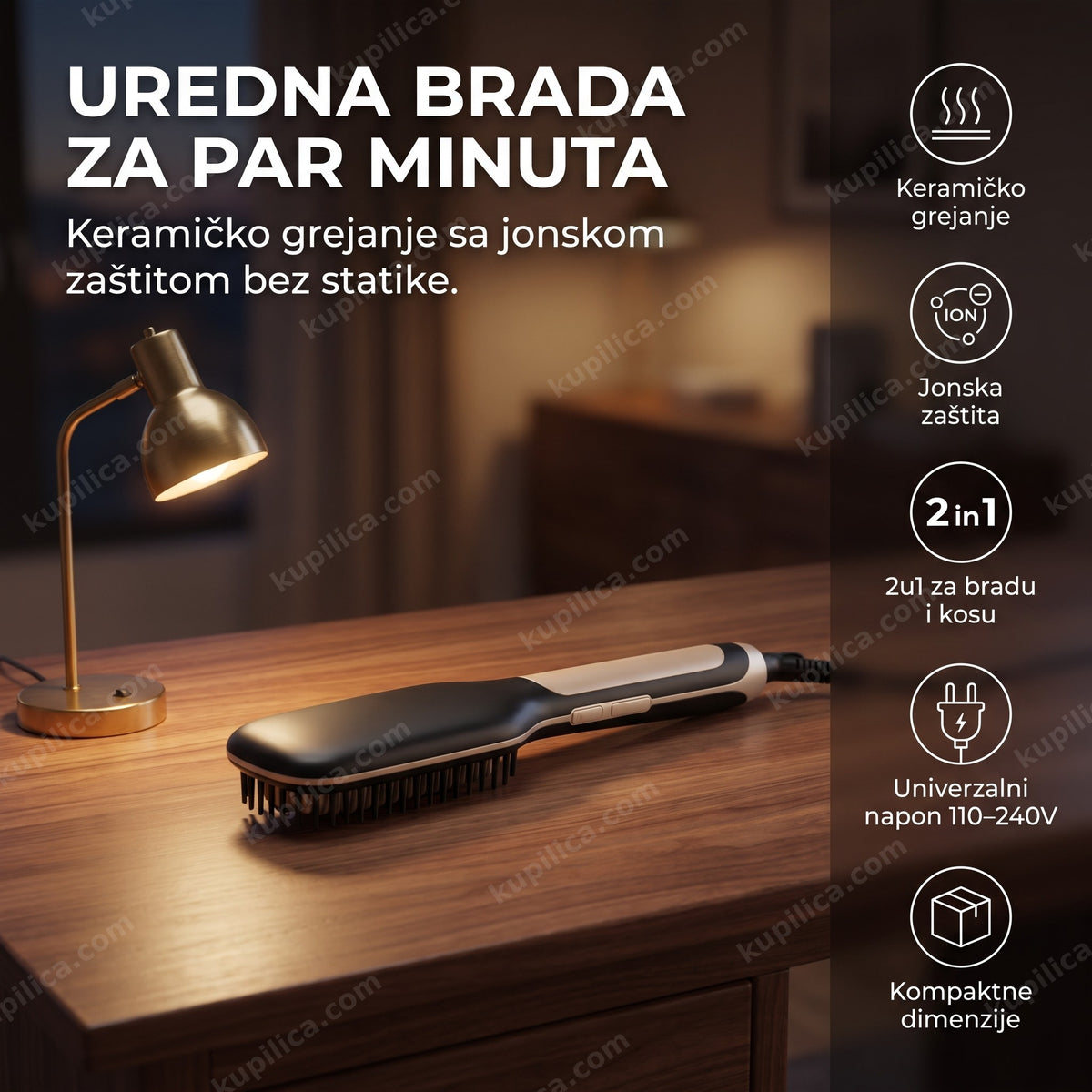 crno zlatna četka za ravnanje kose i brade 2u1 na radnom stolu pored lampe