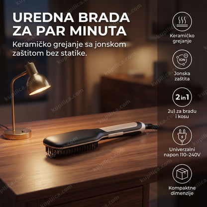 crno zlatna četka za ravnanje kose i brade 2u1 na radnom stolu pored lampe