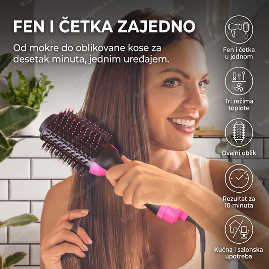 četka za sušenje i oblikovanje kose 2u1 u rukama žene ispred ogledala, benefiti proizvoda