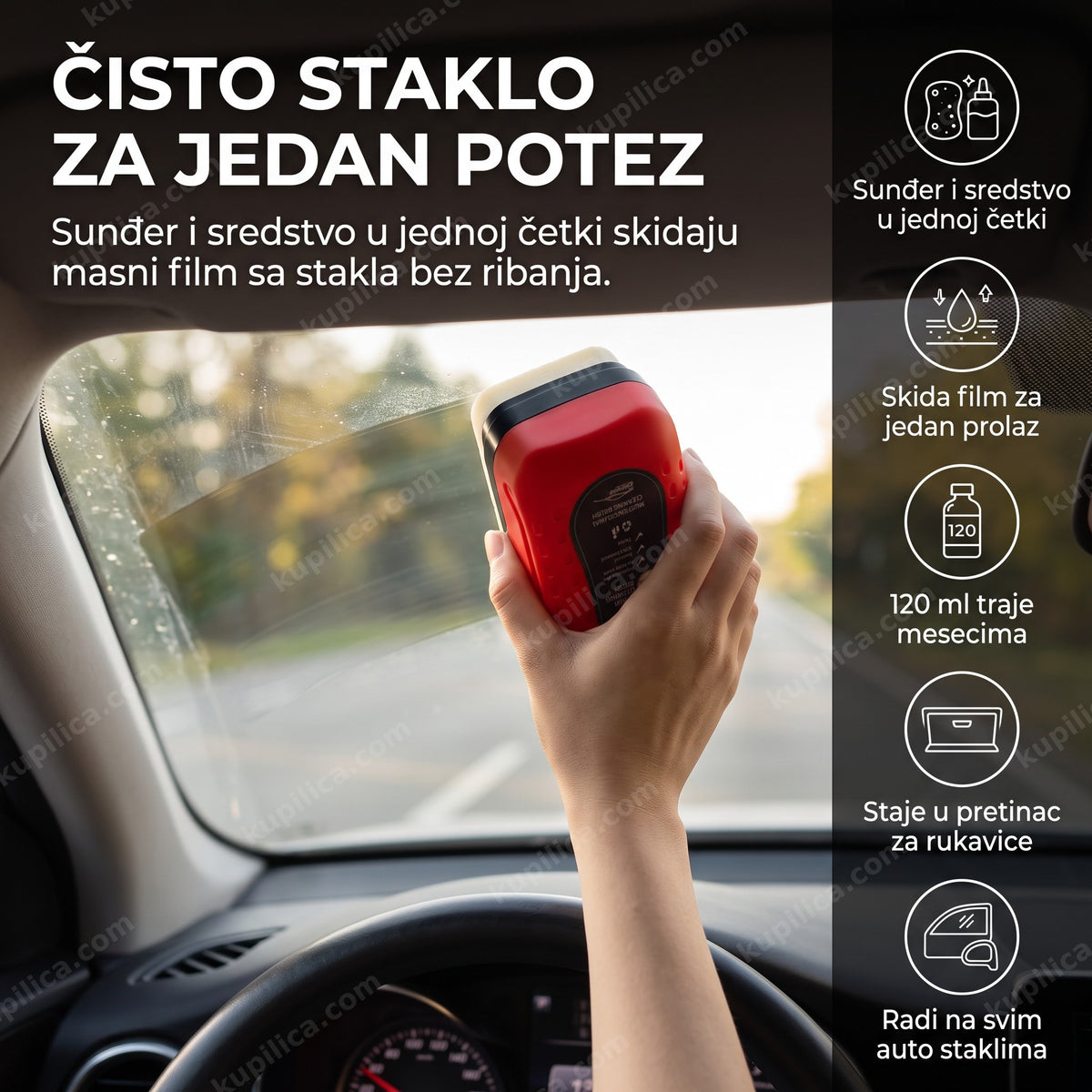 četka za uklanjanje masnog filma sa auto stakla u upotrebi na vetrobranu, benefiti proizvoda