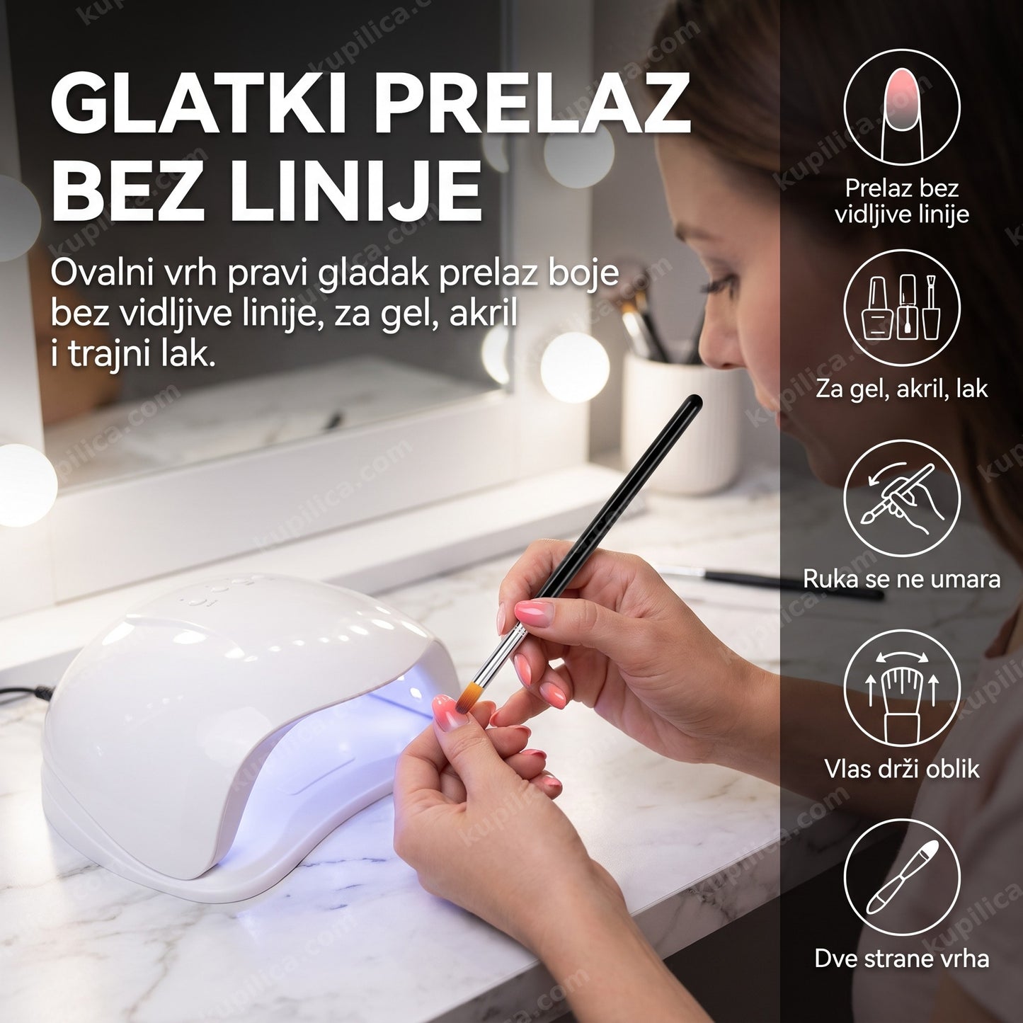 četkica za nokte ovalni vrh — žena pravi ombre prelaz na noktu ovalnom četkicom, prelaz bez vidljive linije, za gel akril i lak
